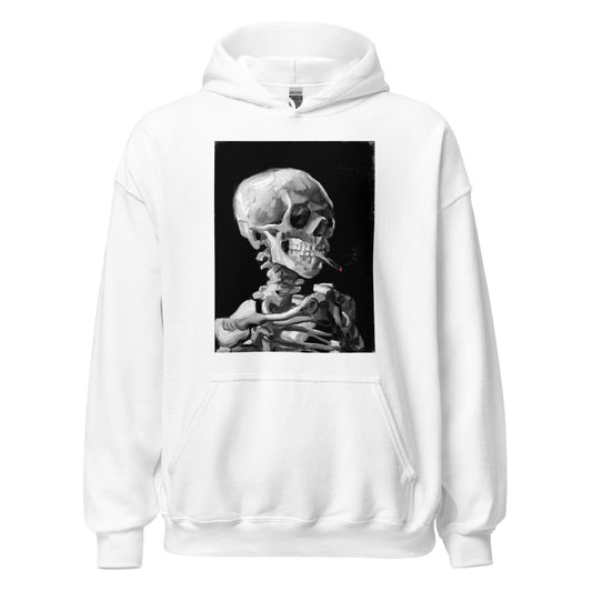 Skeleton Smoking Van Gogh design on unisex hoodie, front view