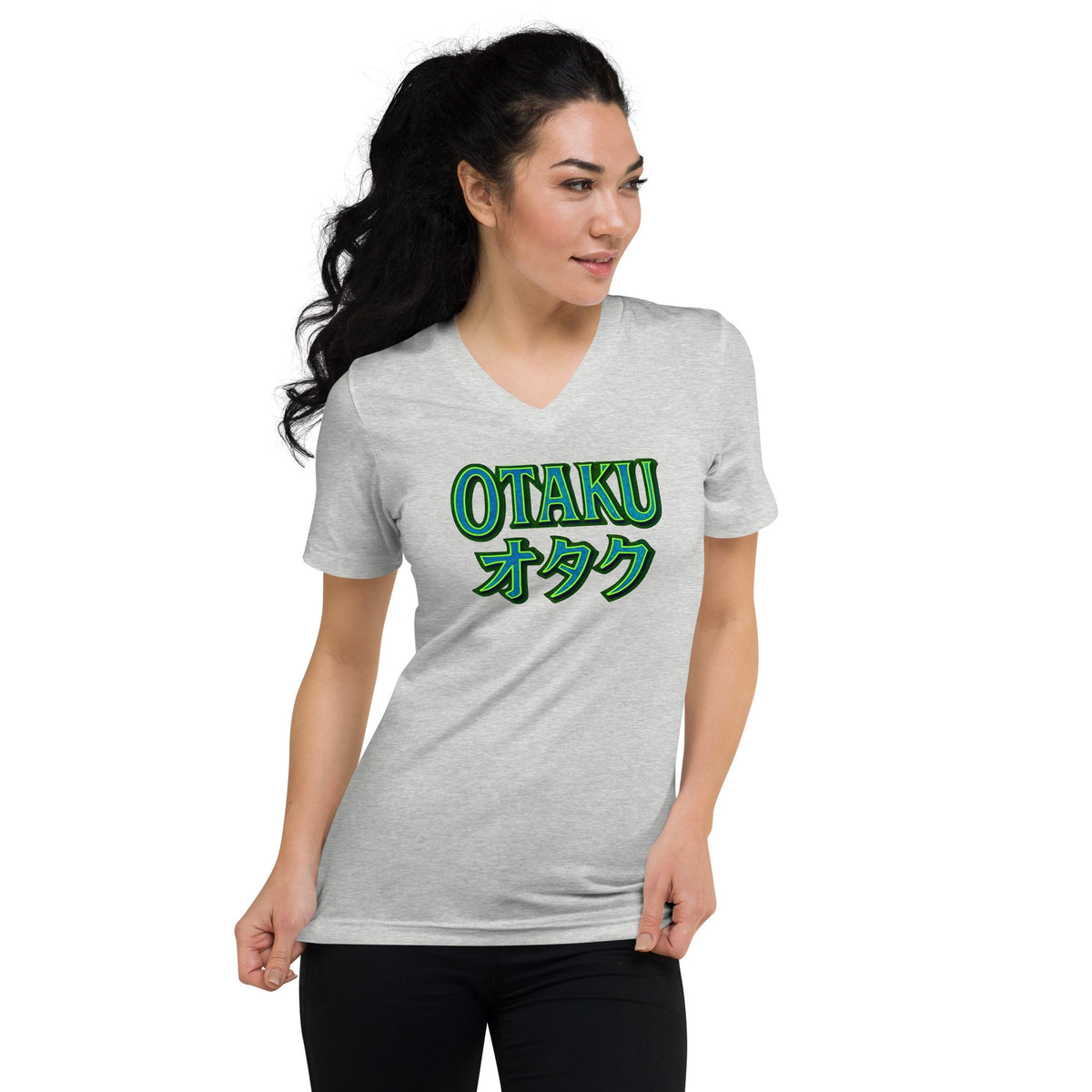 Otaku オタク design on unisex V-neck shirt, front view