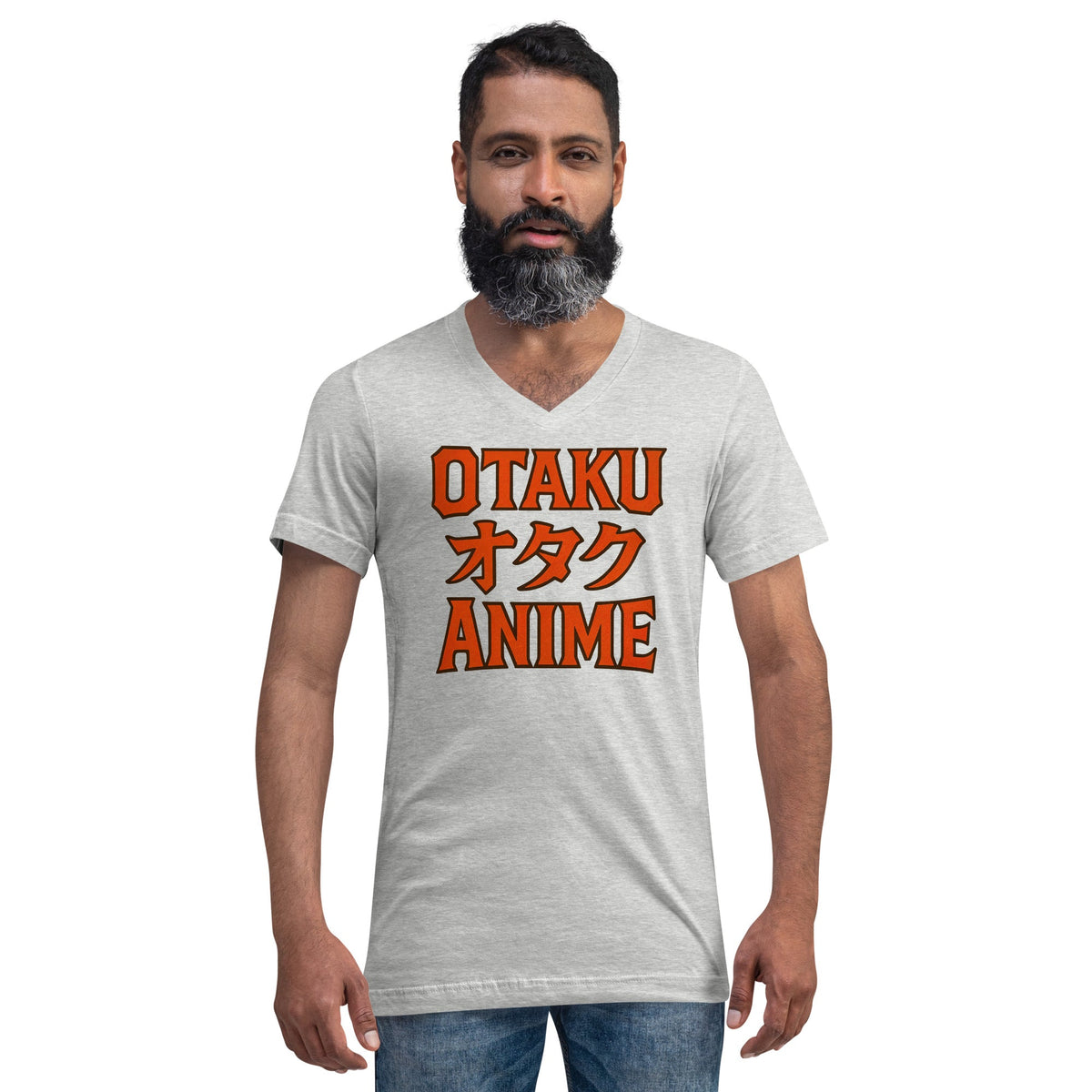 Otaku オタク Anime design on unisex V-neck shirt, front view