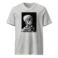 Skeleton Smoking Van Gogh design on unisex V-neck shirt, front view