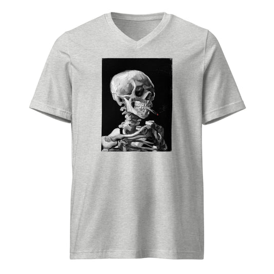 Skeleton Smoking Van Gogh design on unisex V-neck shirt, front view
