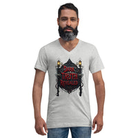 Dark Truth Revealed design on unisex V-neck shirt, front view