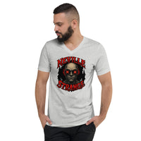 Neville Strange Future Corpses design on unisex V-neck shirt, front view