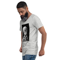 Skeleton Smoking Van Gogh design on unisex V-neck shirt, left-front view