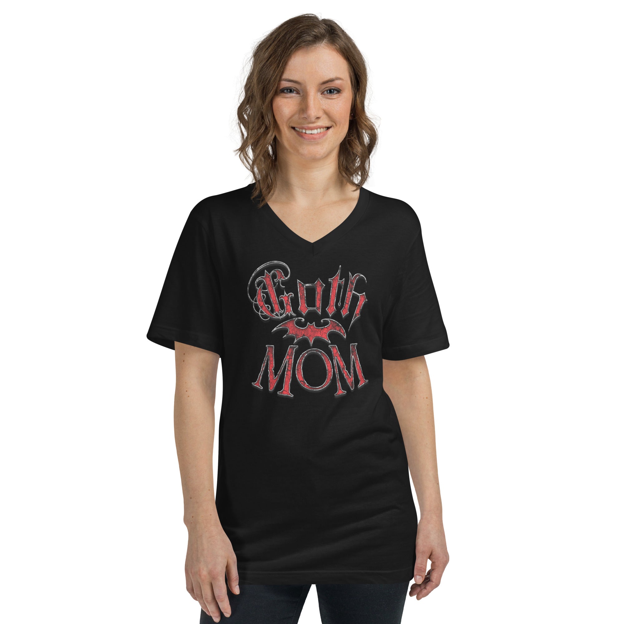 Red Goth Mom with Bat Mother's Day Short Sleeve V-Neck T-Shirt