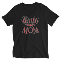 Red Goth Mom Bat design on unisex V-neck shirt, front view