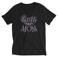 Purple Goth Mom Bat design on unisex V-neck shirt, front view