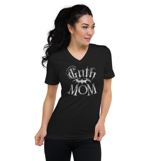 White Goth Mom Bat design on unisex V-neck shirt, front view