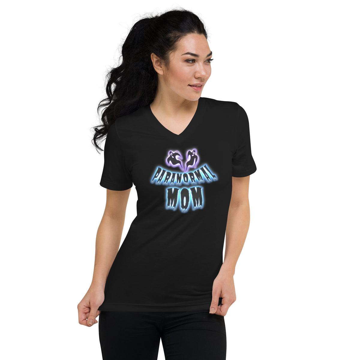Paranormal Ghost Mom design on unisex V-neck shirt, front view