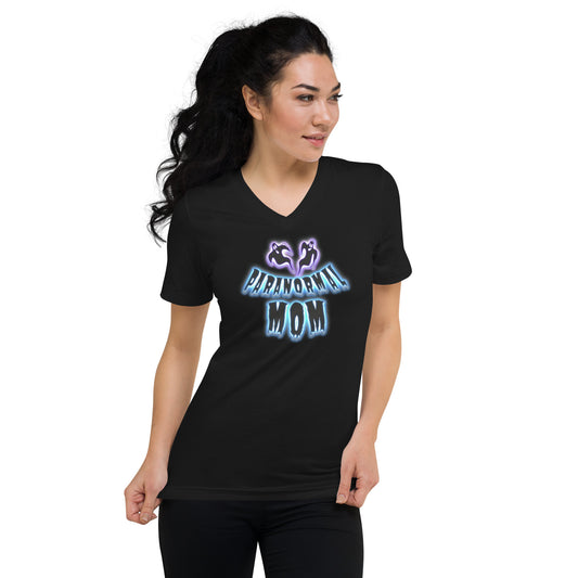 Paranormal Ghost Mom design on unisex V-neck shirt, front view