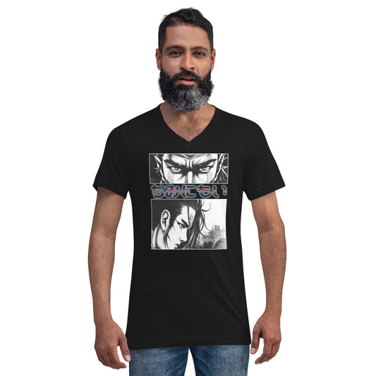 Anime Eyes Japanese Manga design on unisex V-neck shirt, front view