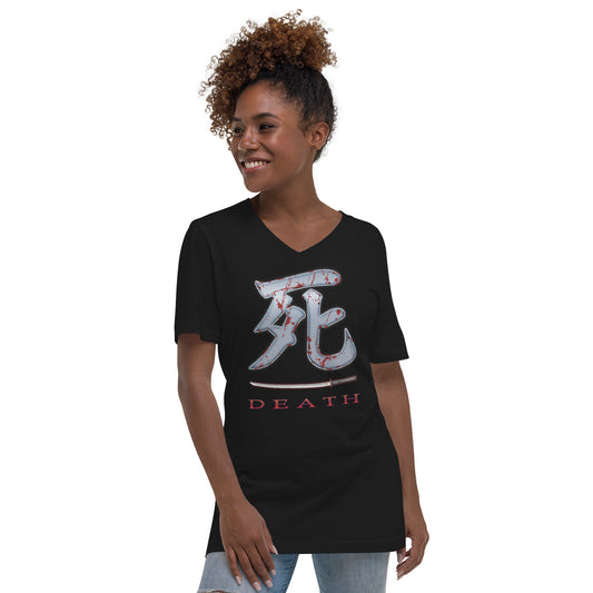 Death Kanji 死 Bloody Sword design on unisex V-neck shirt, front view