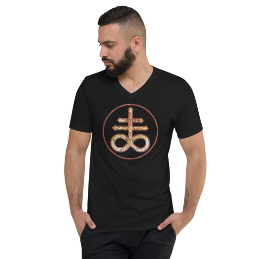 Withered Leviathan Cross design on unisex V-neck shirt, front view