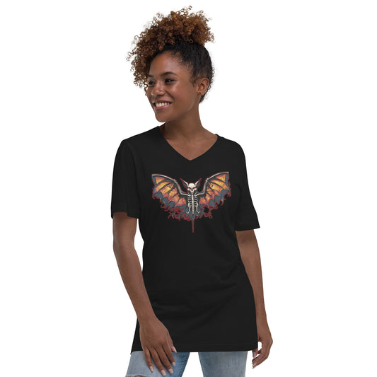 Vampire Bat Skeleton design on unisex V-neck shirt, front view