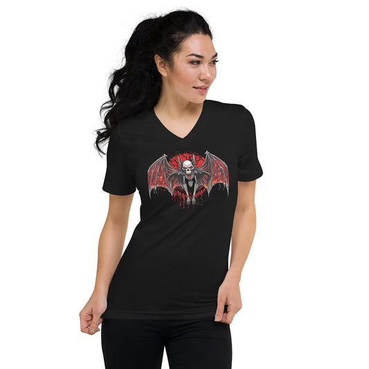Blood Moon Vampire Bat design on unisex V-neck shirt, front view