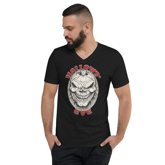 Grinning Skull Pumpkin design on unisex V-neck shirt, front view