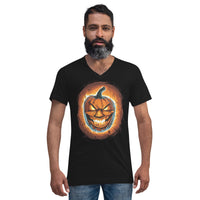 Fire Jack O' Lantern design on unisex V-neck shirt, front view