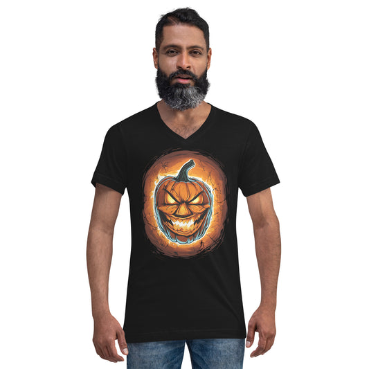 Fire Jack O' Lantern design on unisex V-neck shirt, front view