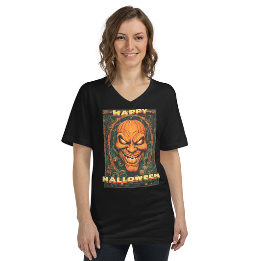 Happy Halloween Evil Pumpkin design on unisex V-neck shirt, front view