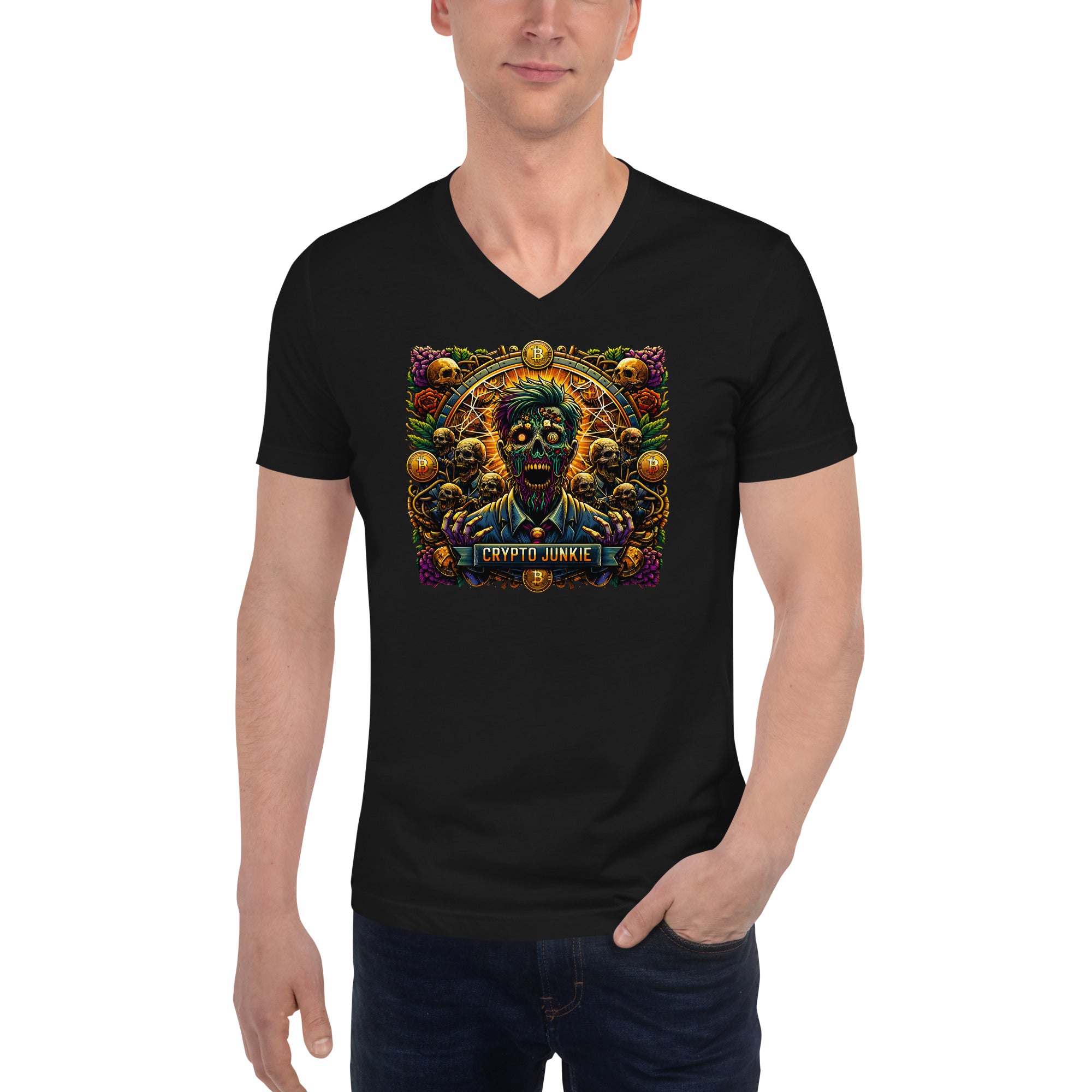 Crypto Junkie Zombie Businessman Horror Bitcoin Short Sleeve V-Neck T-Shirt