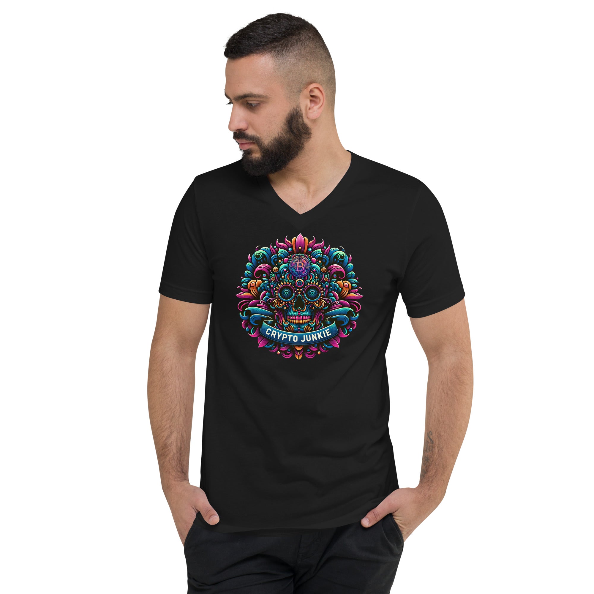 Crypto Junkie Mexican Sugar Skull Bitcoin Digital Asset Short Sleeve V-Neck T-Shirt