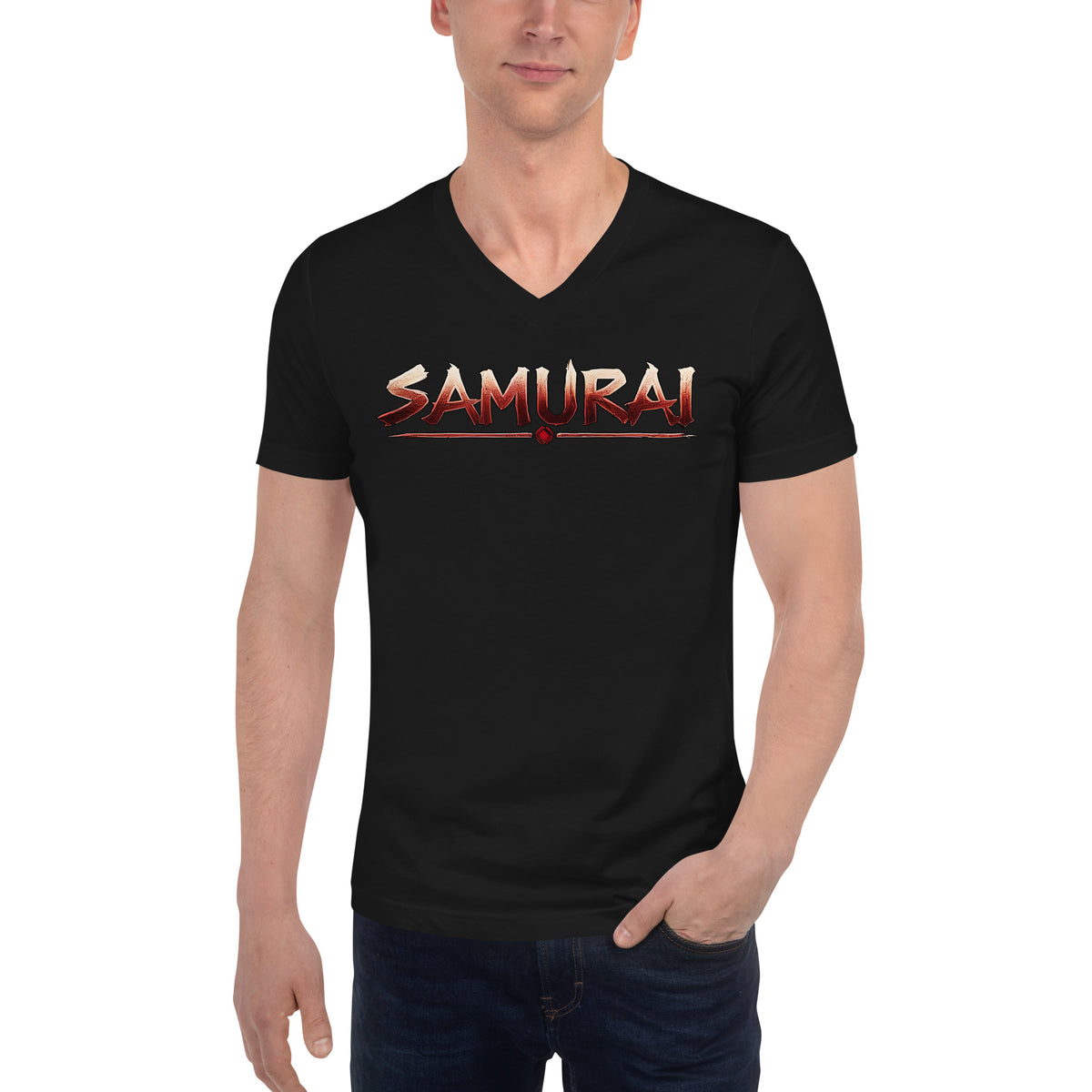 Samurai Wordmark design on unisex V-neck shirt, front view