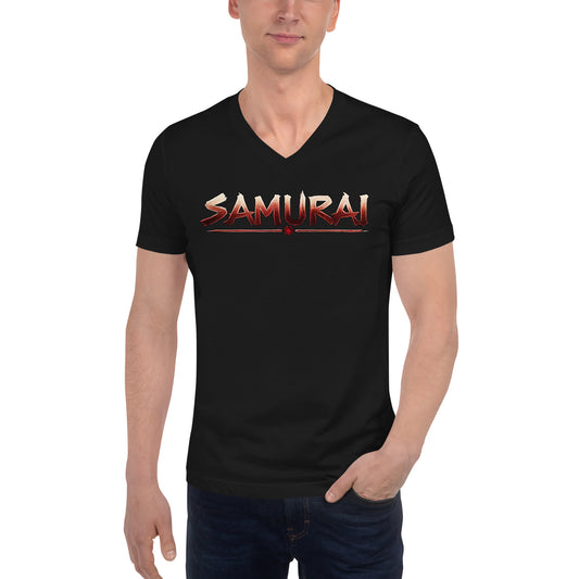 Samurai Wordmark design on unisex V-neck shirt, front view