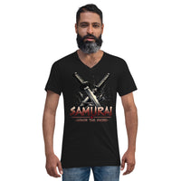 Splash Katana Swords design on unisex V-neck shirt, front view
