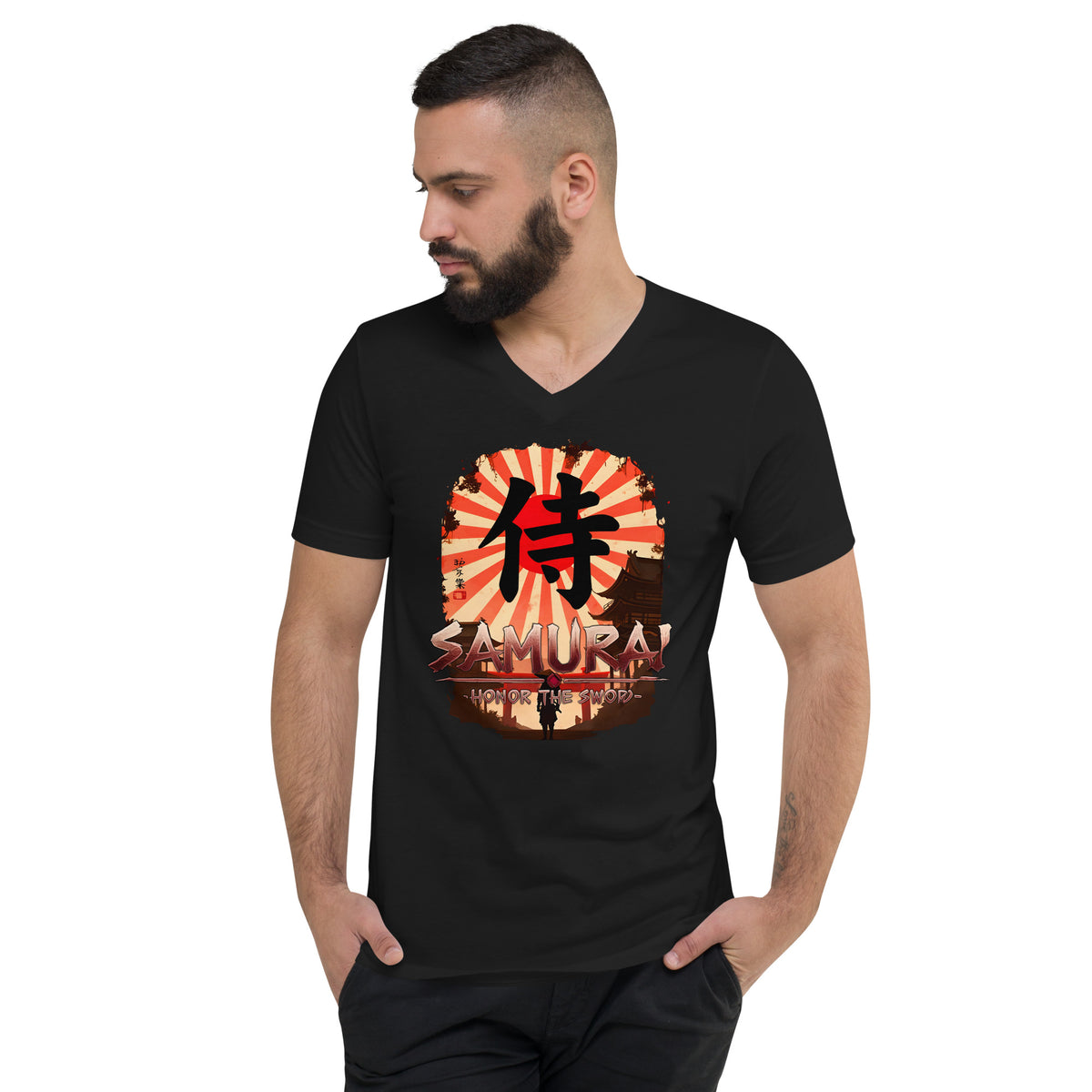 Samurai Honor the Sword design on unisex V-neck shirt, front view
