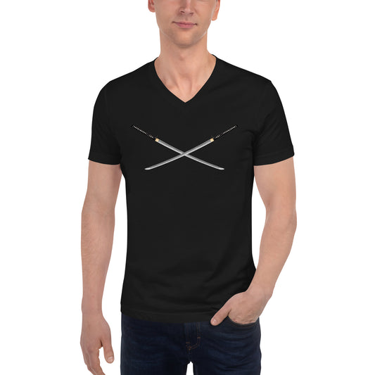 Dual Samurai Swords design on unisex V-neck shirt, front view