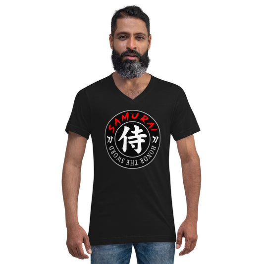 Samurai Honor Kanji 侍 design on unisex V-neck shirt, front view