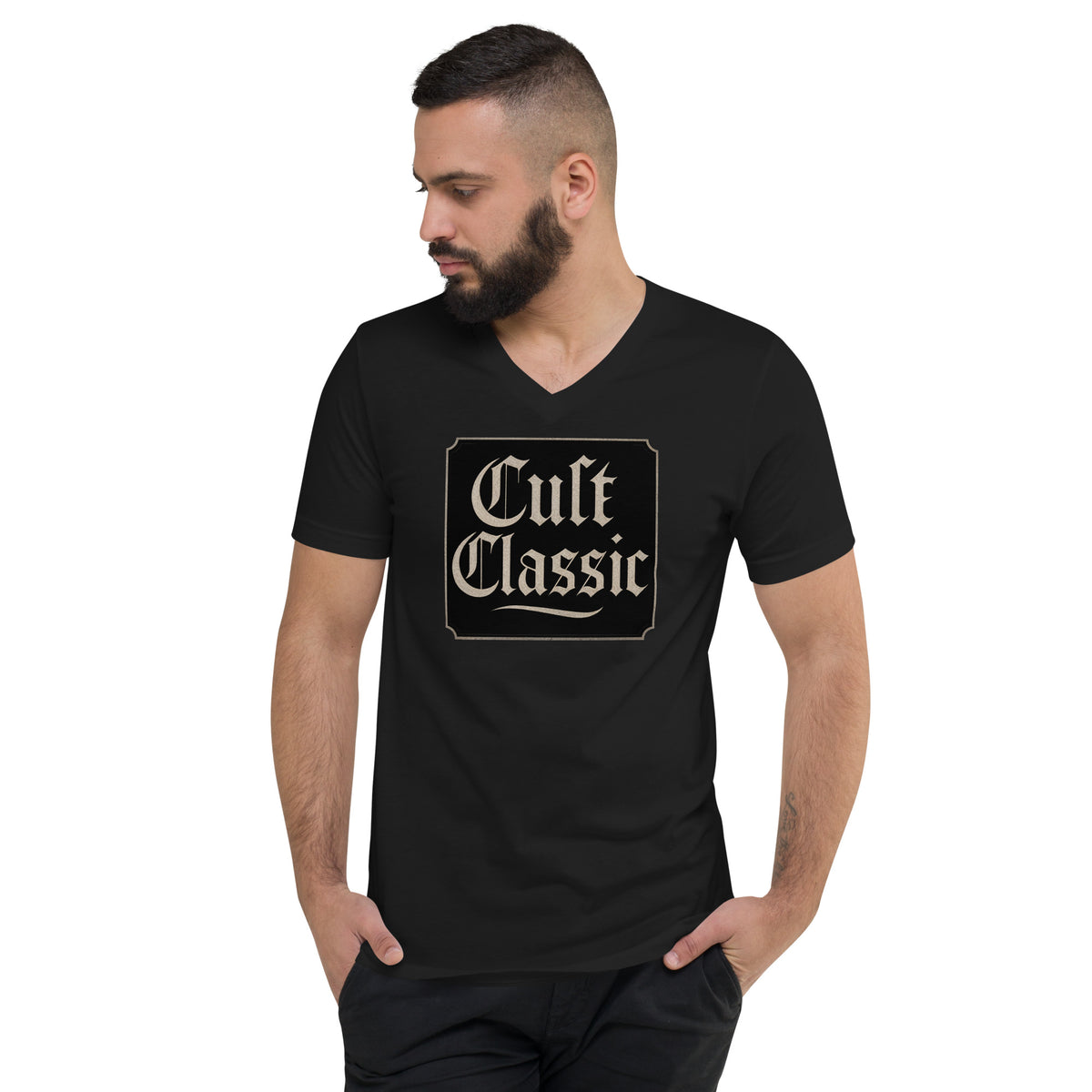 Cult Classic design on unisex V-neck shirt, front view