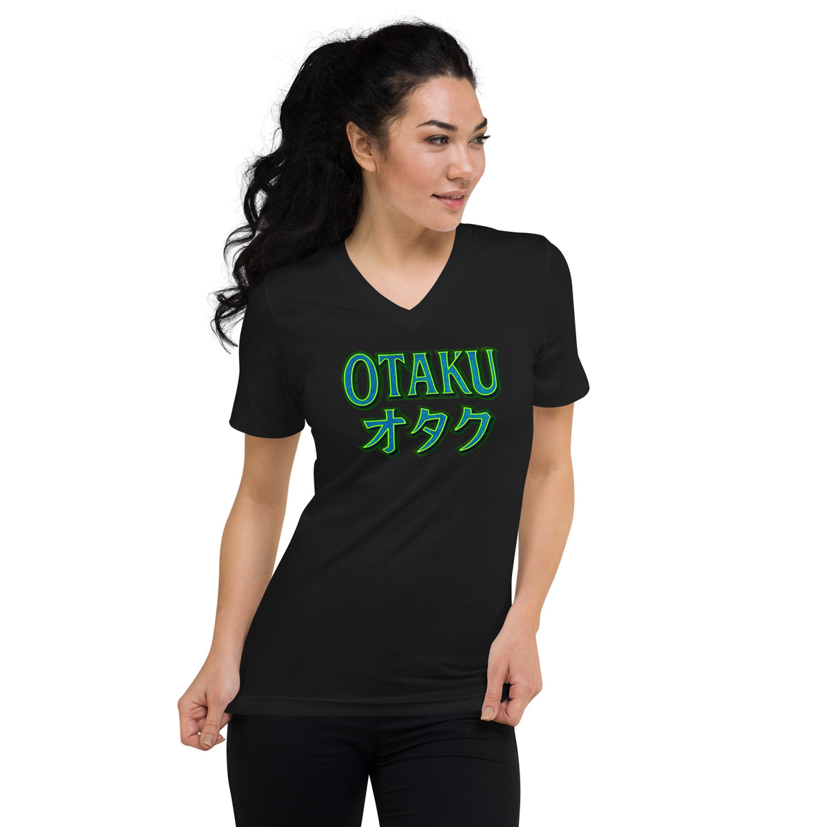 Otaku オタク design on unisex V-neck shirt, front view