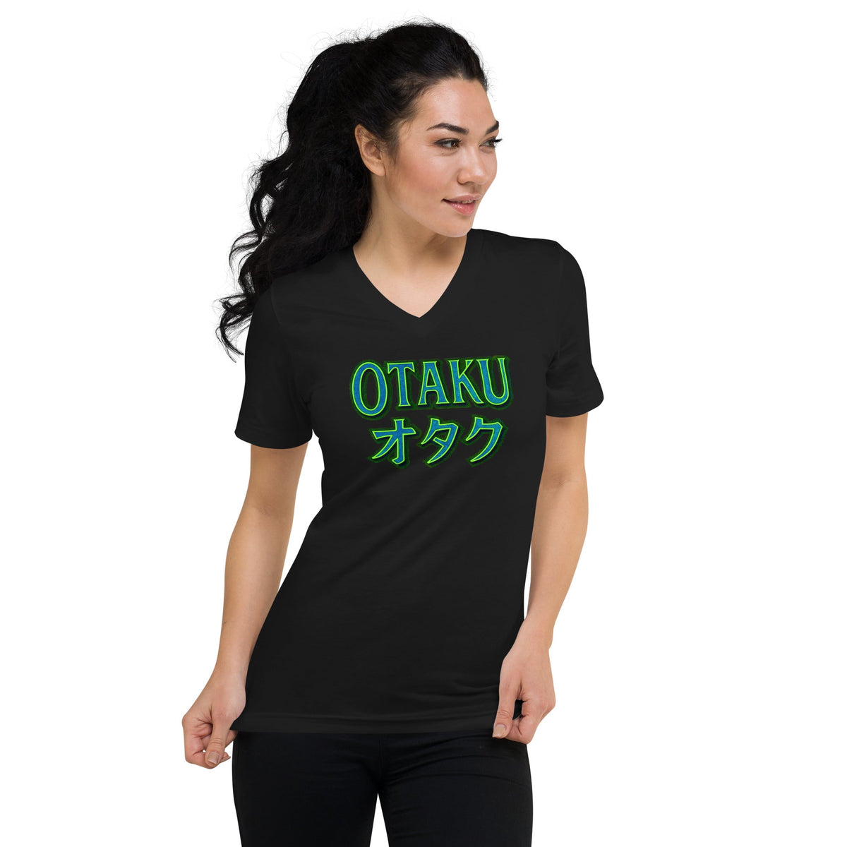 Otaku オタク design on unisex V-neck shirt, front view