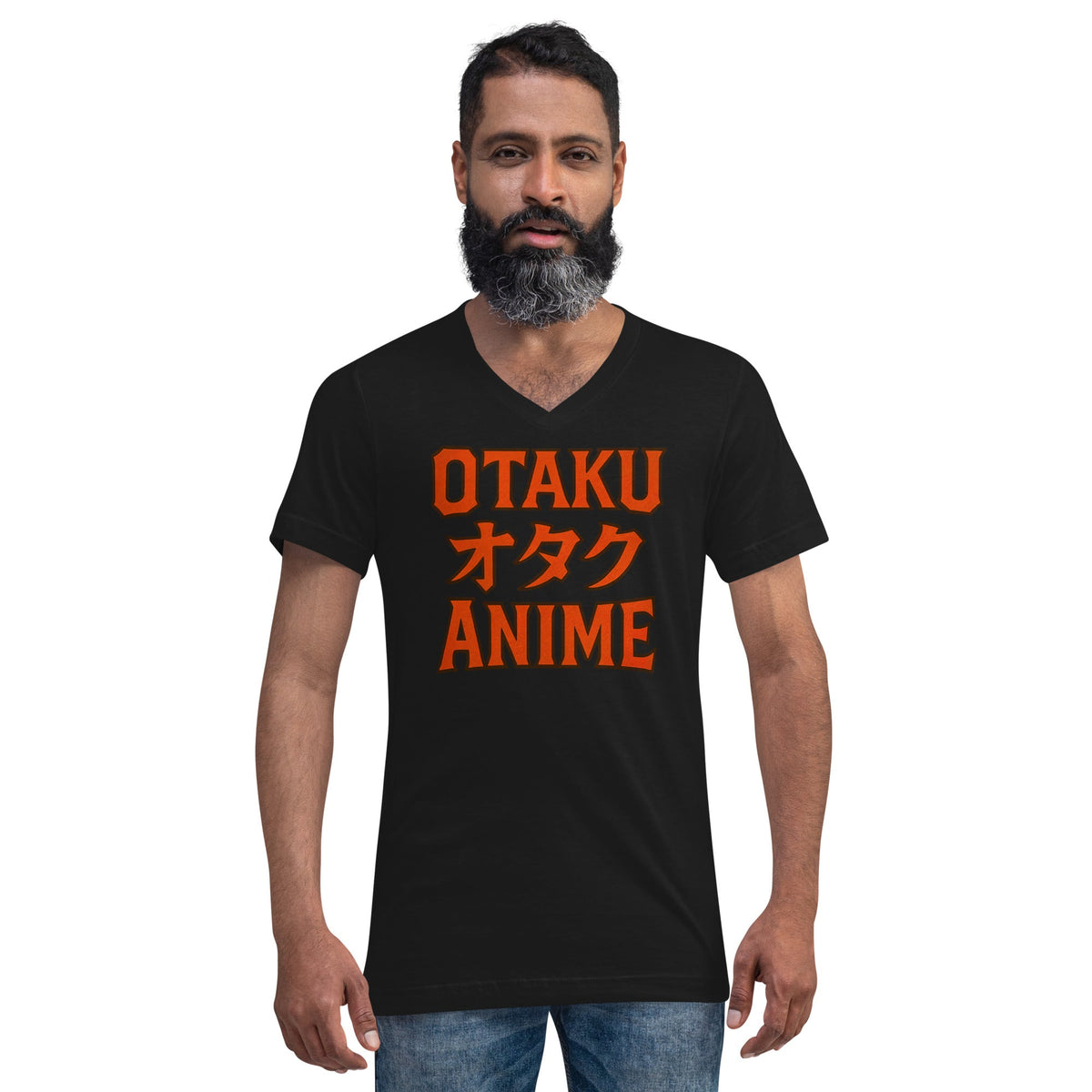 Otaku オタク Anime design on unisex V-neck shirt, front view