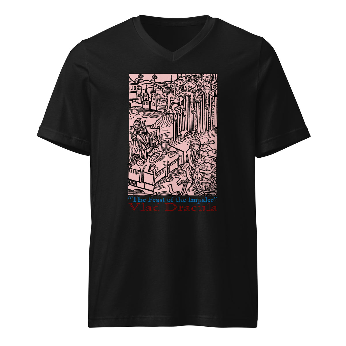 Feast of the Impaler design on unisex V-neck shirt, front view