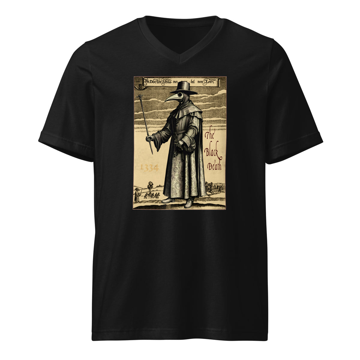 Plague Doctor 1334 design on unisex V-neck shirt, front view