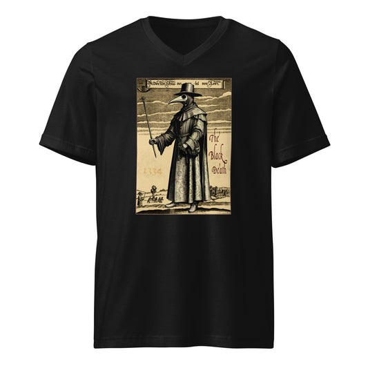 Plague Doctor 1334 design on unisex V-neck shirt, front view