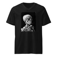 Skeleton Smoking Van Gogh design on unisex V-neck shirt, front view
