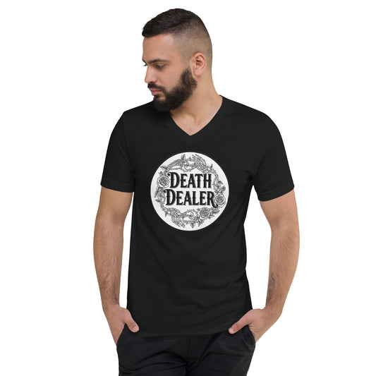 Death Dealer design on unisex V-neck shirt, front view
