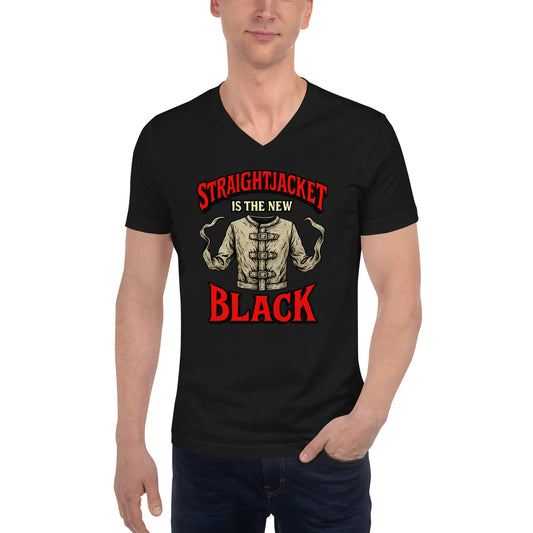 Straightjacket Is the New Black design on unisex V-neck shirt, front view
