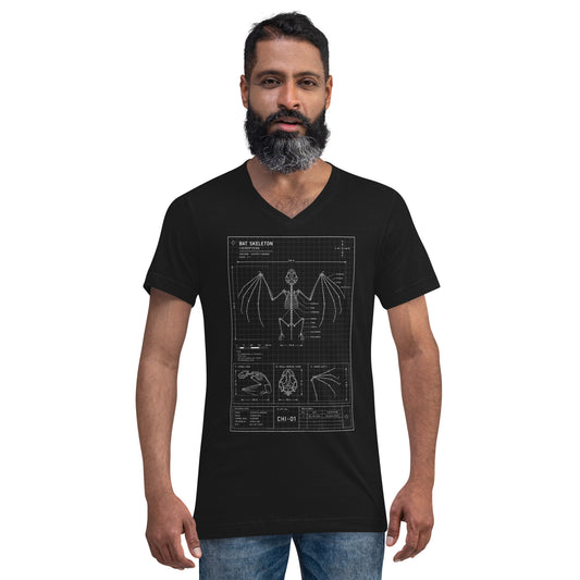 Bat Skeleton Blueprint design on unisex V-neck shirt, front view