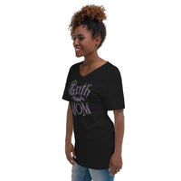 Purple Goth Mom Bat design on unisex V-neck shirt, left-front view