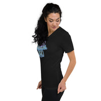 Paranormal Ghost Mom design on unisex V-neck shirt, left-front view
