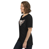 Grinning Bat Skull design on unisex V-neck shirt, left-front view