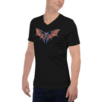 Whimsical Vampire Bat Skeleton design on unisex V-neck shirt, left-front view