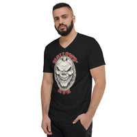 Grinning Skull Pumpkin design on unisex V-neck shirt, left-front view