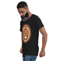 Fire Jack O' Lantern design on unisex V-neck shirt, left-front view