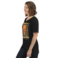Happy Halloween Evil Pumpkin design on unisex V-neck shirt, left-front view