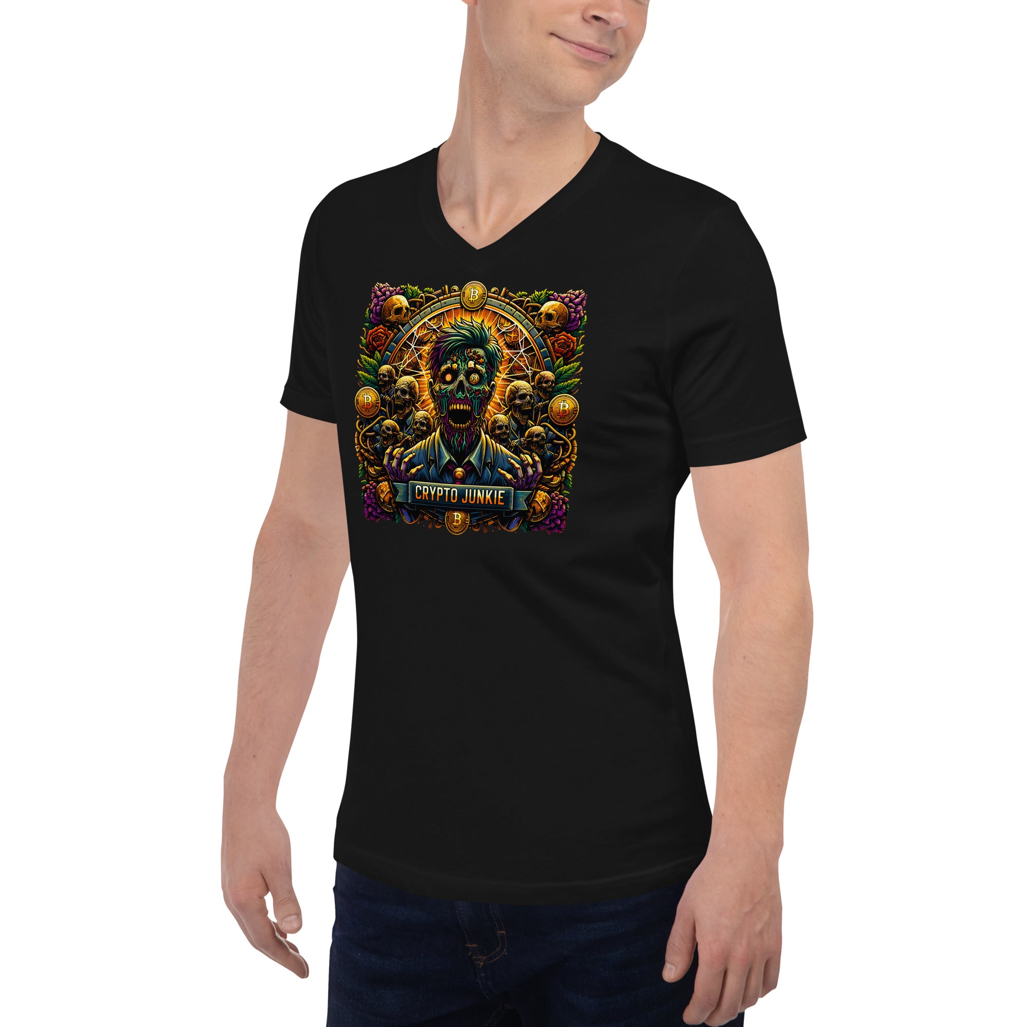 Crypto Junkie Zombie Businessman Horror Bitcoin Short Sleeve V-Neck T-Shirt